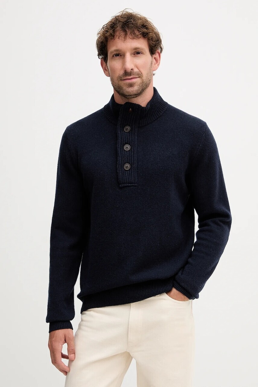 Vlnený sveter Barbour tmavomodrá farba, s polorolákom, MKN0585