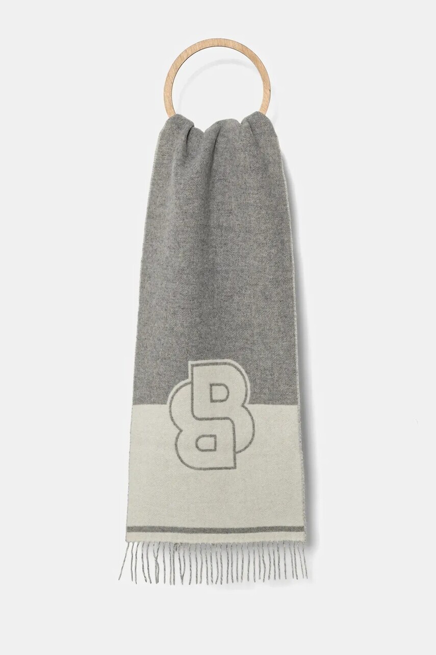 Vlnený šál BOSS šedá farba, vzorovaný, 50533865