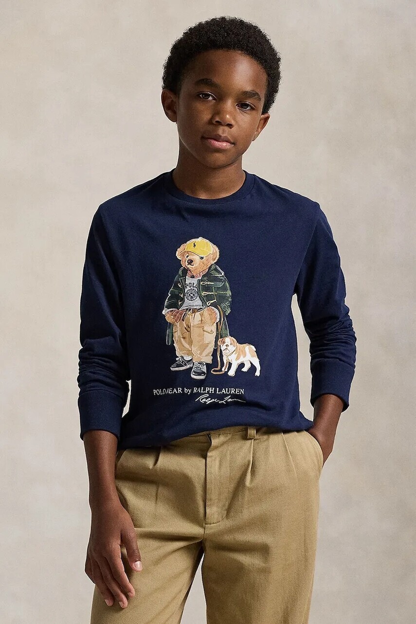 Detská bavlnená košeľa s dlhým rukávom Polo Ralph Lauren tmavomodrá farba, s potlačou, 323981177001