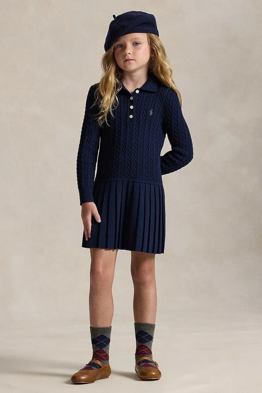 Dievčenské bavlnené šaty Polo Ralph Lauren tmavomodrá farba, mini, áčkový strih, 312978841001