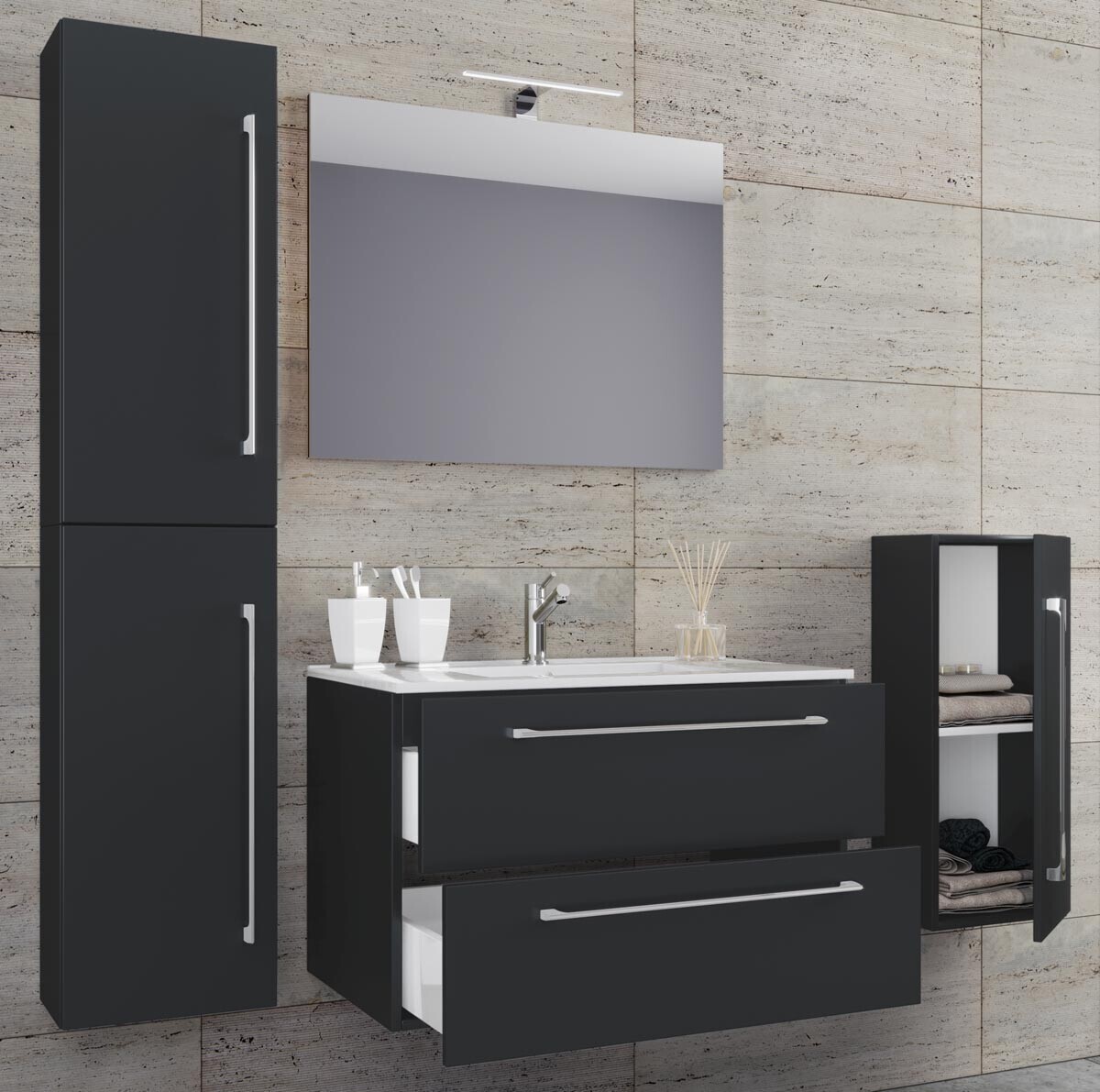 VCM 5dílná umyvadlová skříňka Badinos 2 zásuvky 60 cm se zrcadlem a střední/vysokou skříňkou, černá