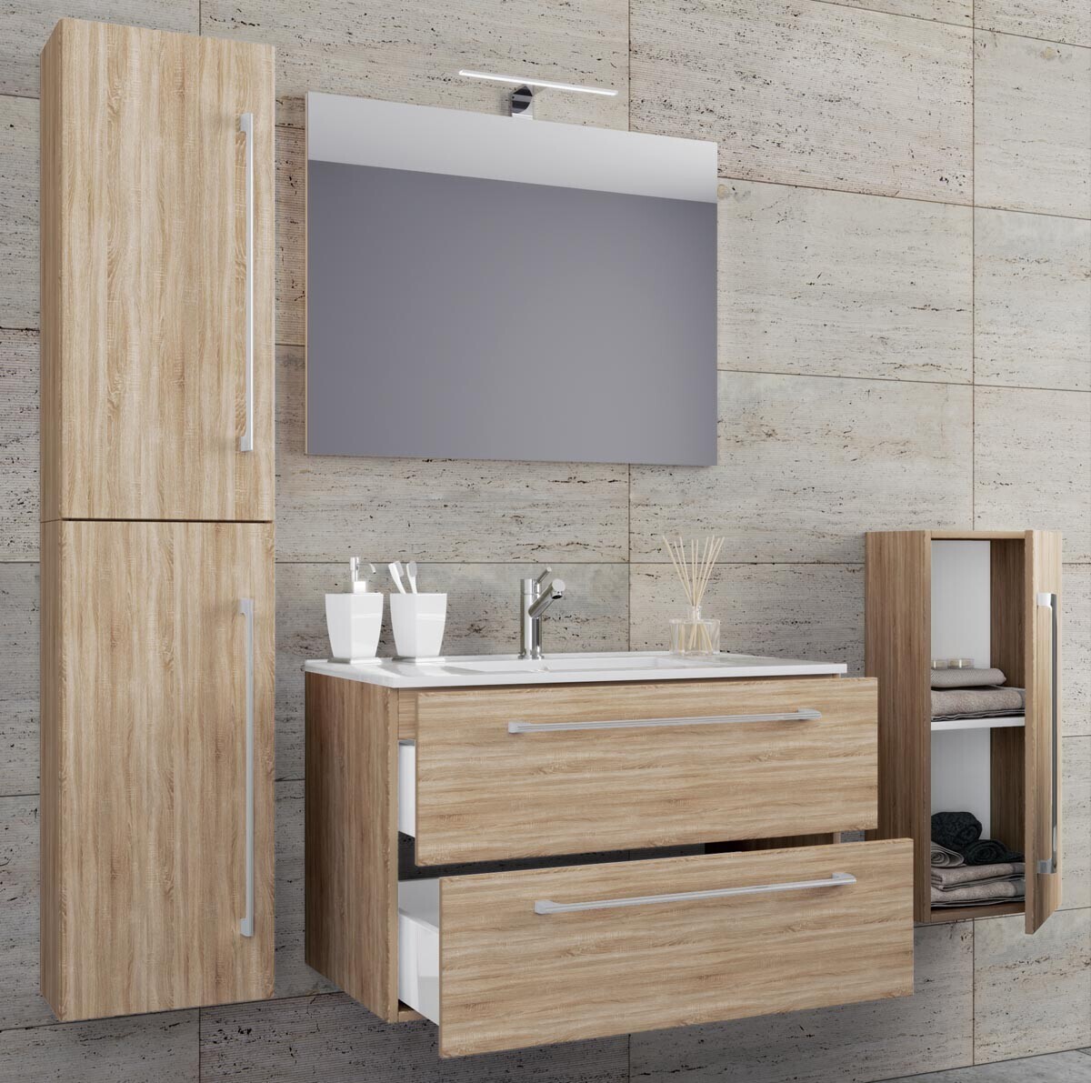 VCM 5dílná umyvadlová skříňka Badinos 2 zásuvky 60 cm se zrcadlem a střední/vysokou skříňkou, dub Sonoma
