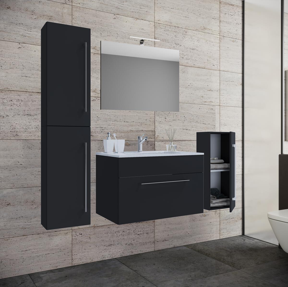 VCM 5dílná umyvadlová skříňka Badinos 1 zásuvka 80 cm se zrcadlem, střední a vysokou skříňkou, černá