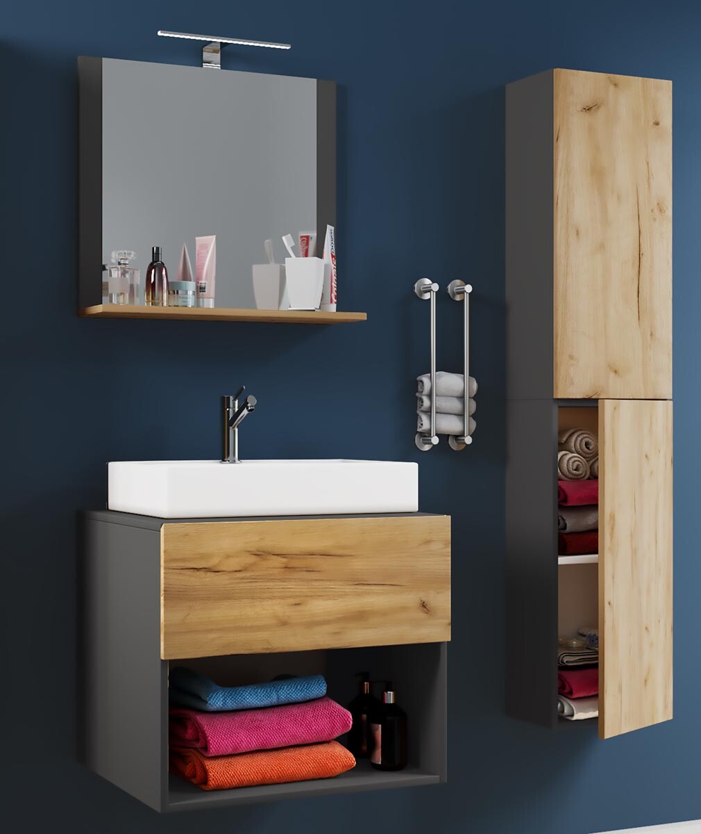 4dílná umyvadlová skříňka Lendas II 60 cm včetně zrcadla a vysoké skříňky, antracitová