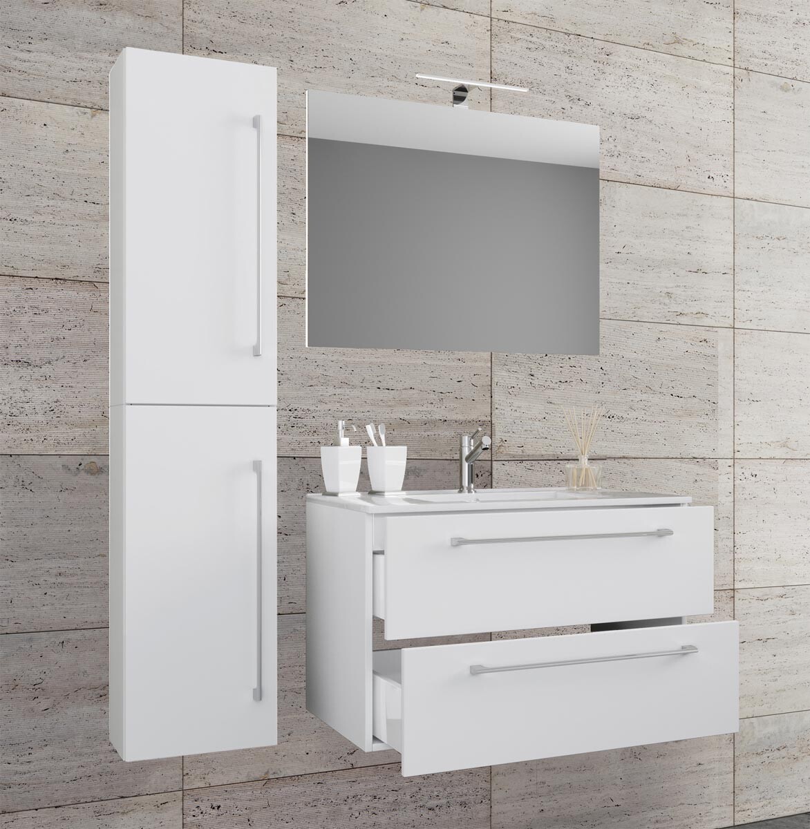 4dílná umyvadlová skříňka Badinos 2 zásuvky se zrcadlem 80 cm + vysoká skříňka, bílá