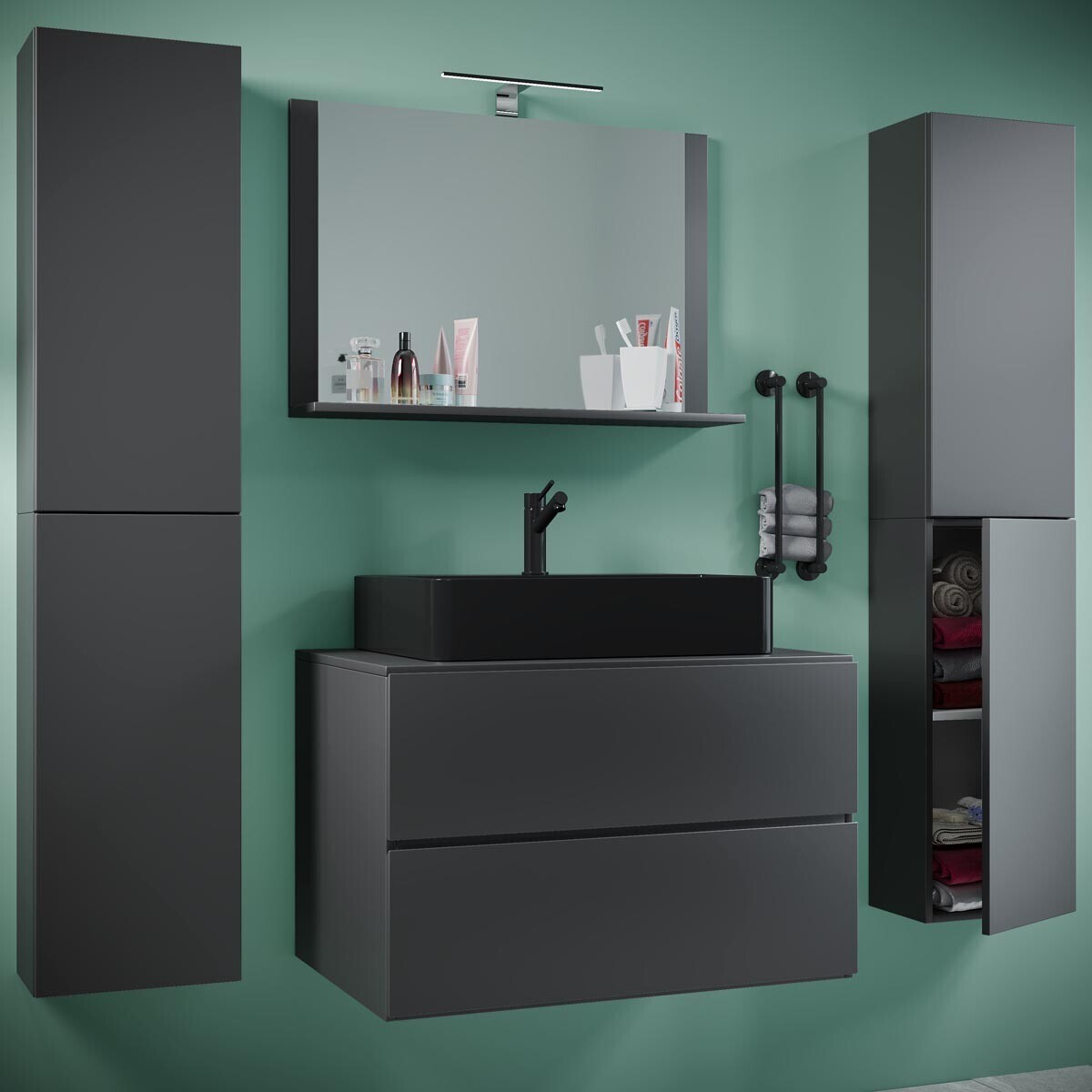5dílná umyvadlová skříňka Lendas BL XL 80 cm se zrcadlem a 2 vysokými skříňkami, antracitová