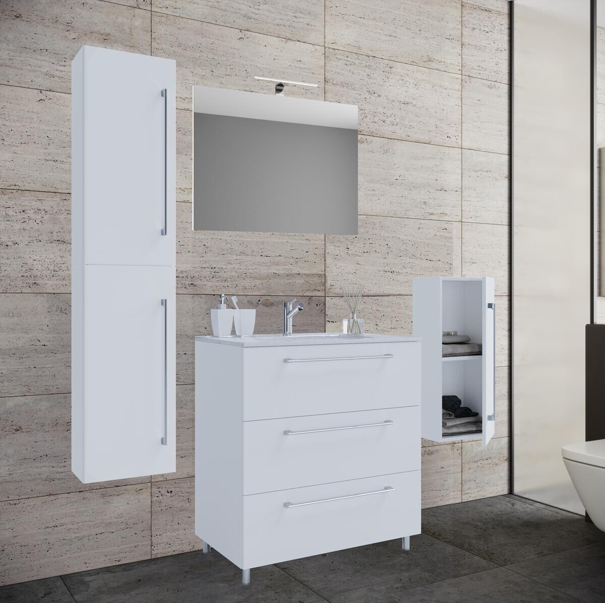 5dílná umyvadlová skříňka Badinos 3 zásuvky 60 cm se zrcadlem, střední a vysokou skříňkou, bílá