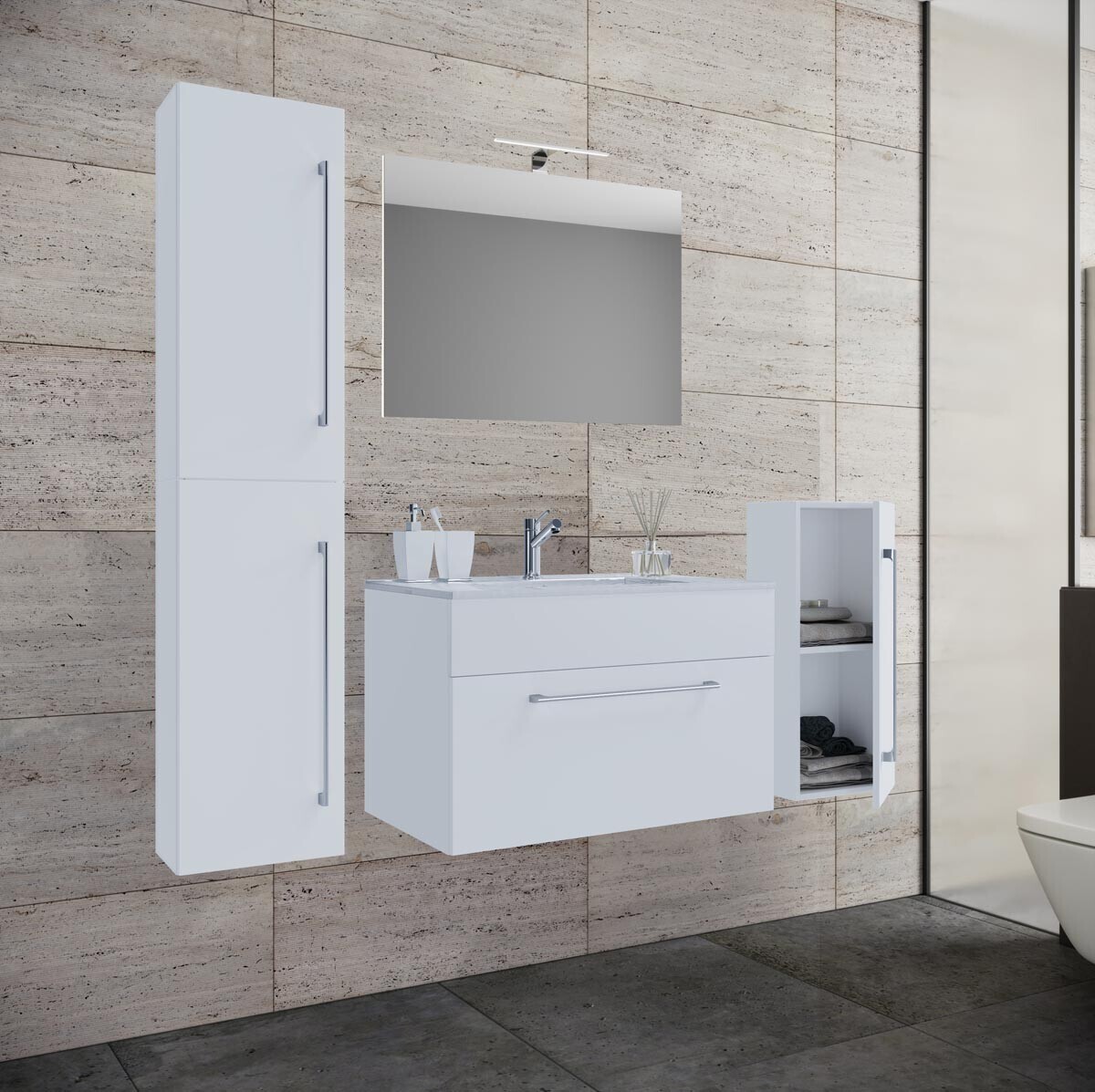 5dílná umyvadlová skříňka Badinos 1 zásuvka 60 cm se zrcadlem, střední a vysokou skříňkou, bílá