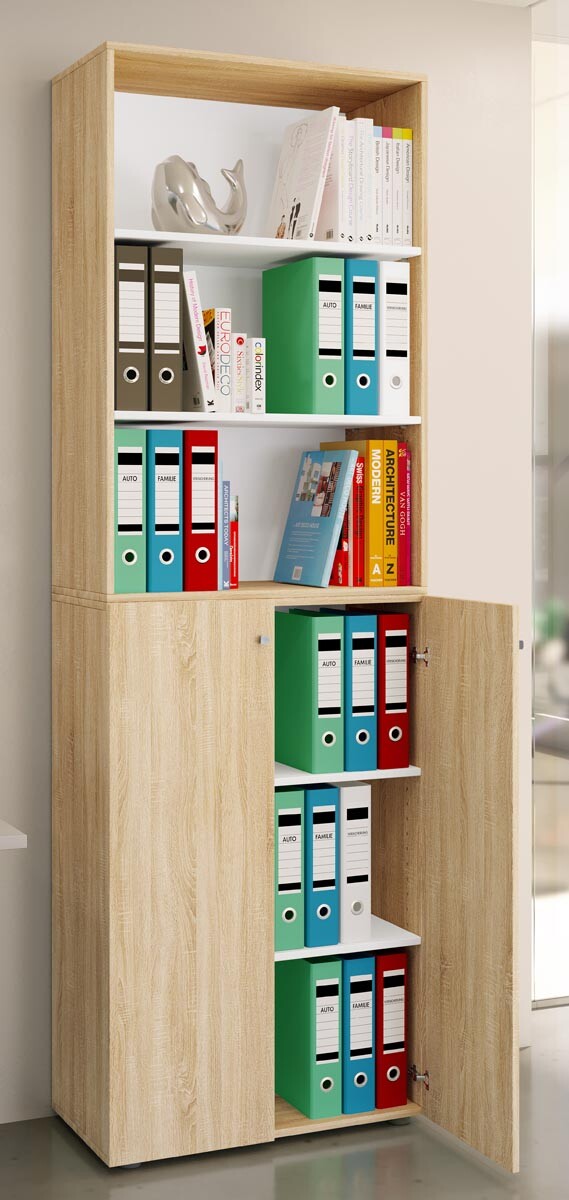 Kancelářská skříň Lona 2XL s otočnými dveřmi + policí, dub sonoma