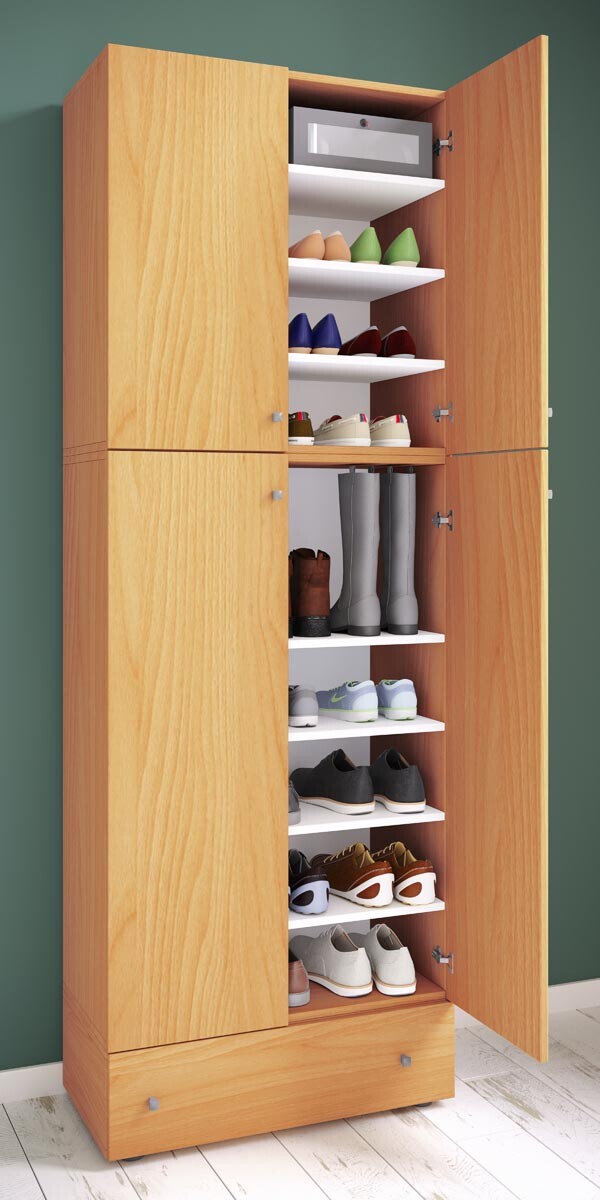 Botník Lona XXL s 9 přihrádkami, otočné dveře se zásuvkou, buk