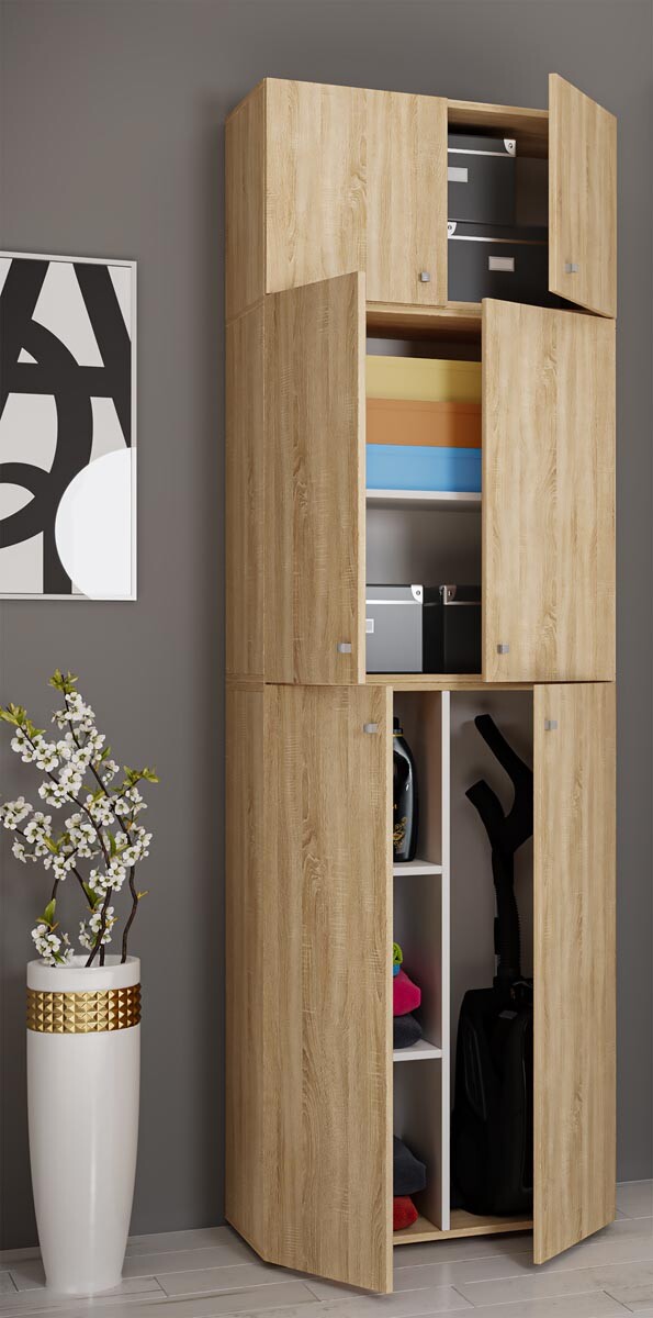 Úklidová skříňka Lona XXL s otočnými dveřmi s nástavcem, dub sonoma