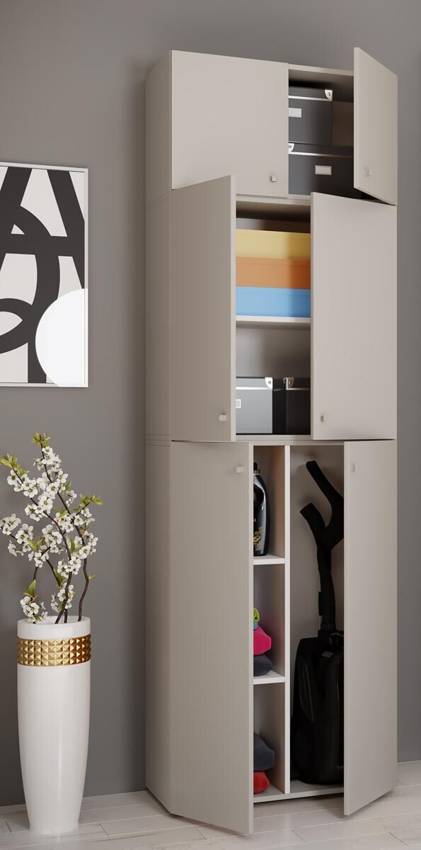 Úklidová skříňka Lona XXL s otočnými dveřmi s nástavcem, šedá