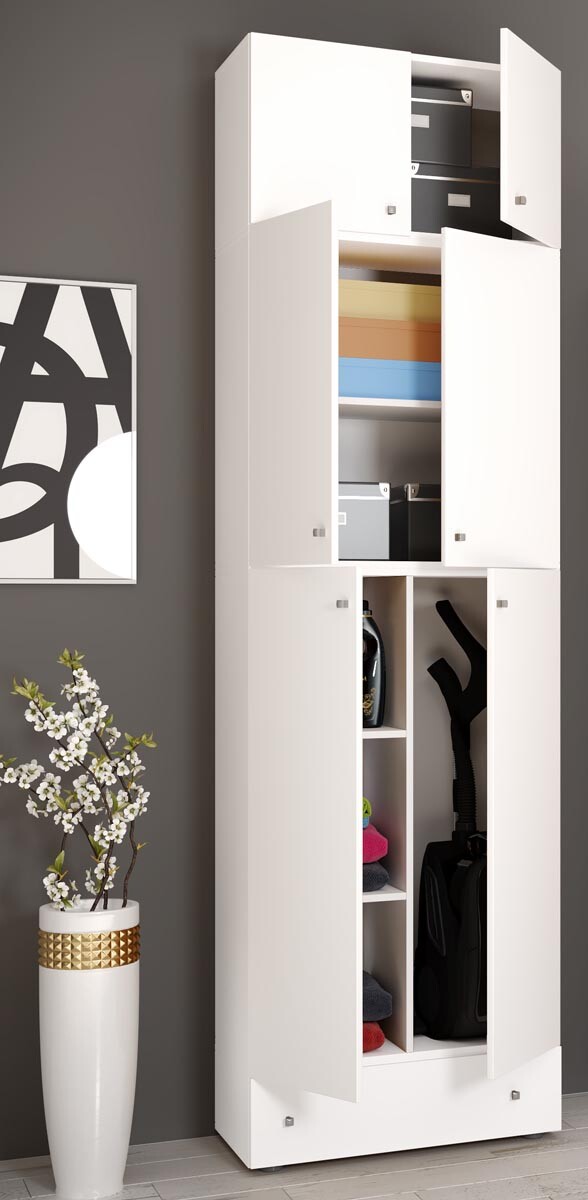 Úklidová skříňka Lona XXL s otočnými dveřmi s nástavcem a zásuvkou, bílá