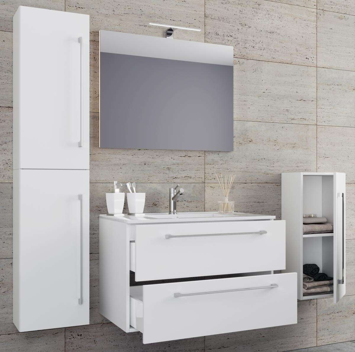 5dílná umyvadlová skříňka Badinos 2 zásuvky 60 cm se zrcadlem a střední/vysokou skříňkou, bílá