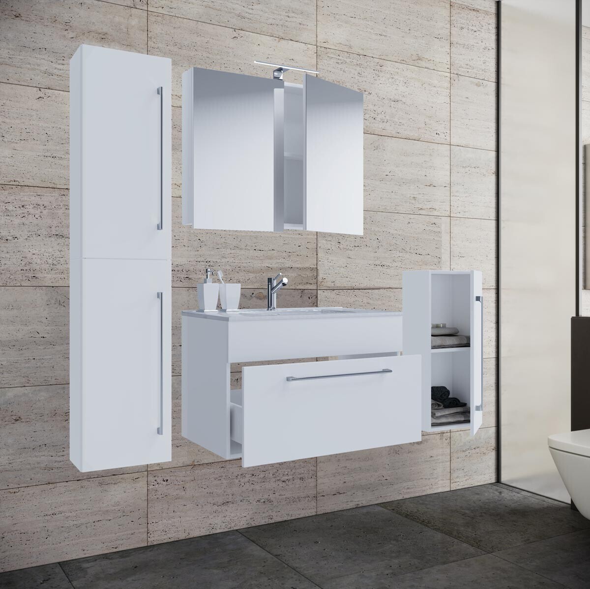 5dílná stojící umyvadlová skříňka Badinos 1 zásuvka 60 cm se zrcadlem, střední a vysokou skříňkou, bílá