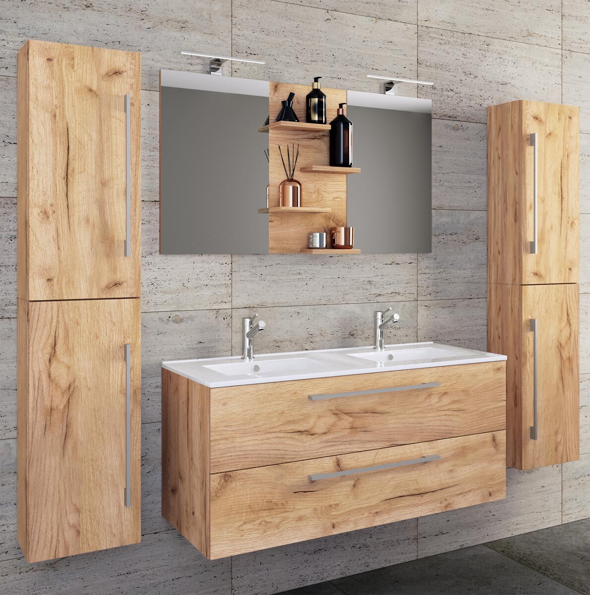 5dílná umyvadlová skříňka Budasi se 2 vysokými skříňkami, dub medový