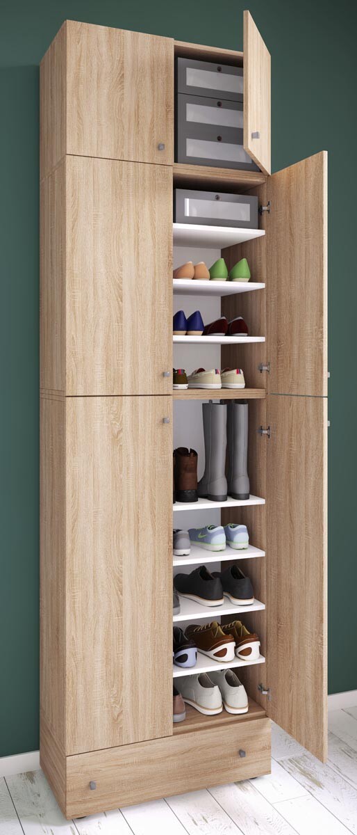 Botník Lona XXL s 9 přihrádkami, otočné dveře s nástavcem a zásuvkou, dub sonoma