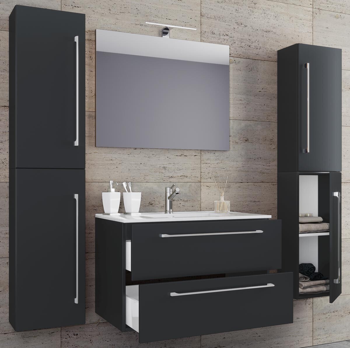 5dílná umyvadlová skříňka Badinos 2 zásuvky 60 cm se zrcadlem a 2 vysokými skříňkami, černá