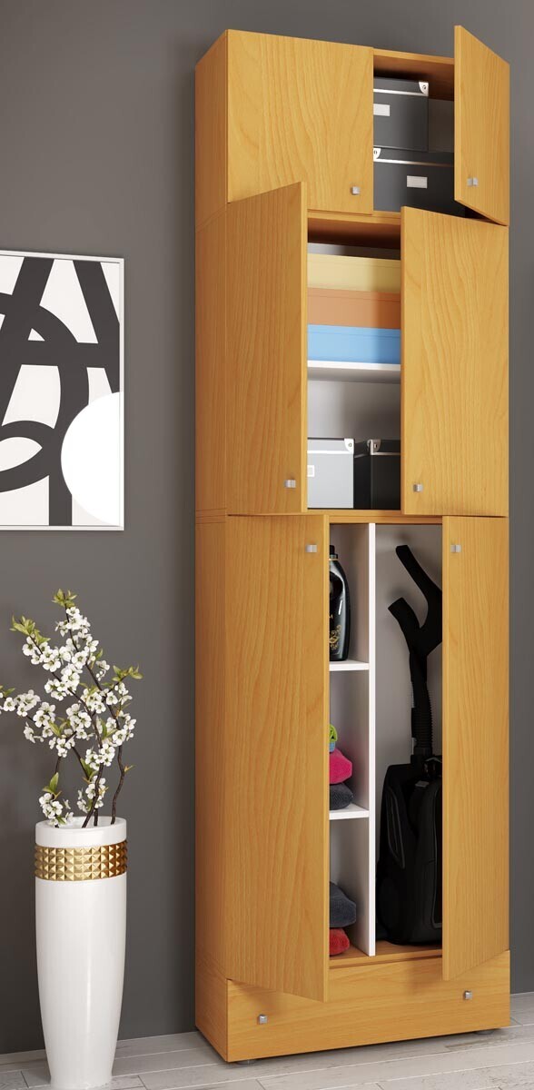 Úklidová skříňka Lona XXL s otočnými dveřmi s nástavcem a zásuvkou, buk