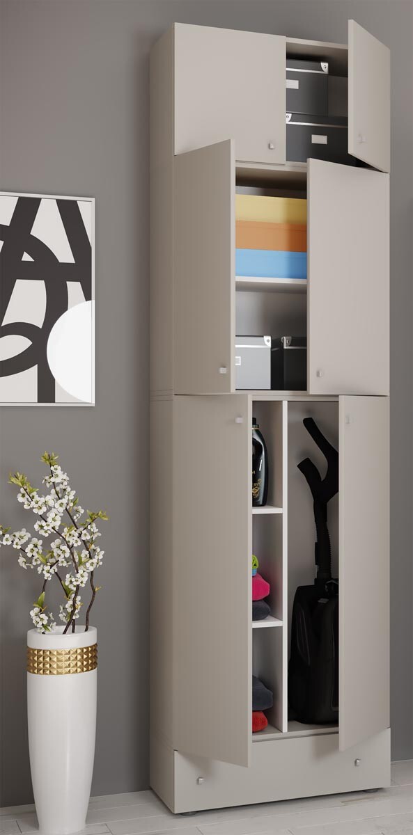 Úklidová skříňka Lona XXL s otočnými dveřmi s nástavcem a zásuvkou, šedá