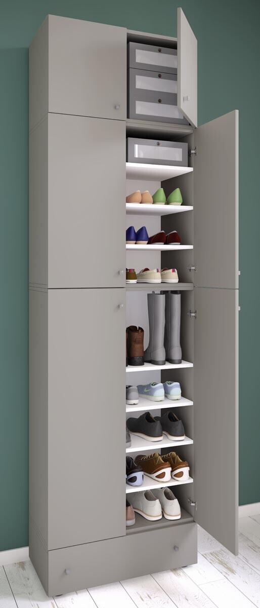 Botník Lona XXL s 9 přihrádkami, otočné dveře s nástavcem a zásuvkou, šedý