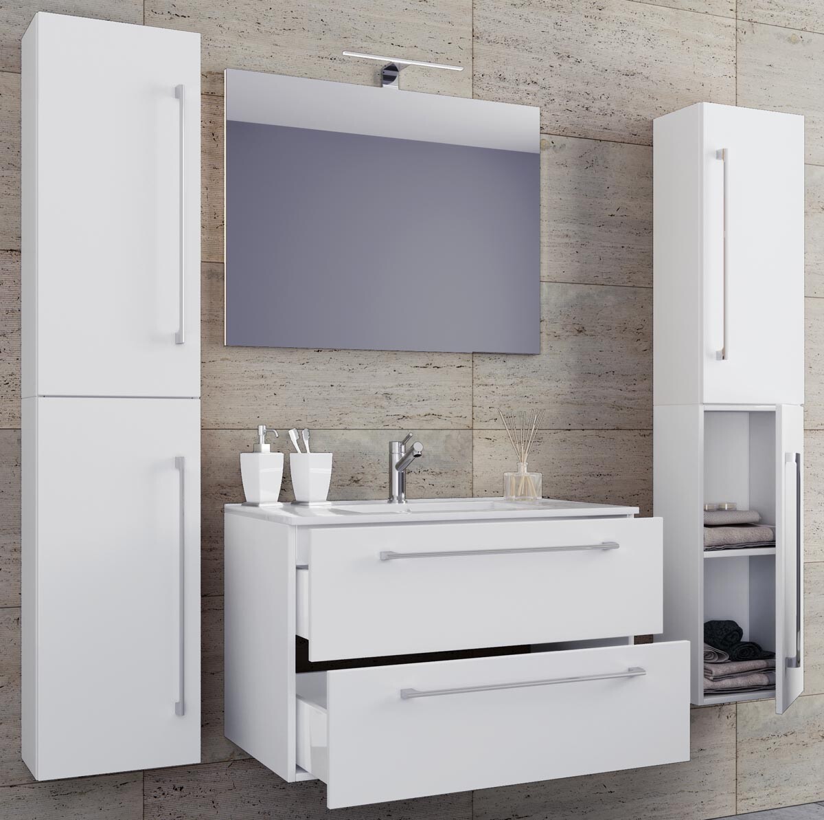 5dílná umyvadlová skříňka Badinos 2 zásuvky 80 cm se zrcadlem a 2 vysokými skříňkami, bílá