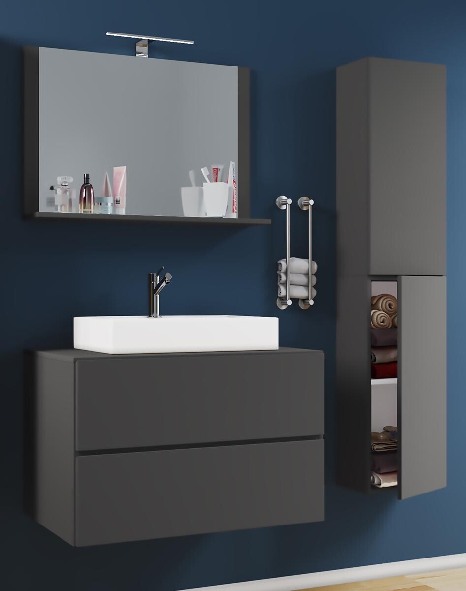 4dílná umyvadlová skříňka Lendas M 60 cm se zrcadlem a vysokou skříňkou, antracitová