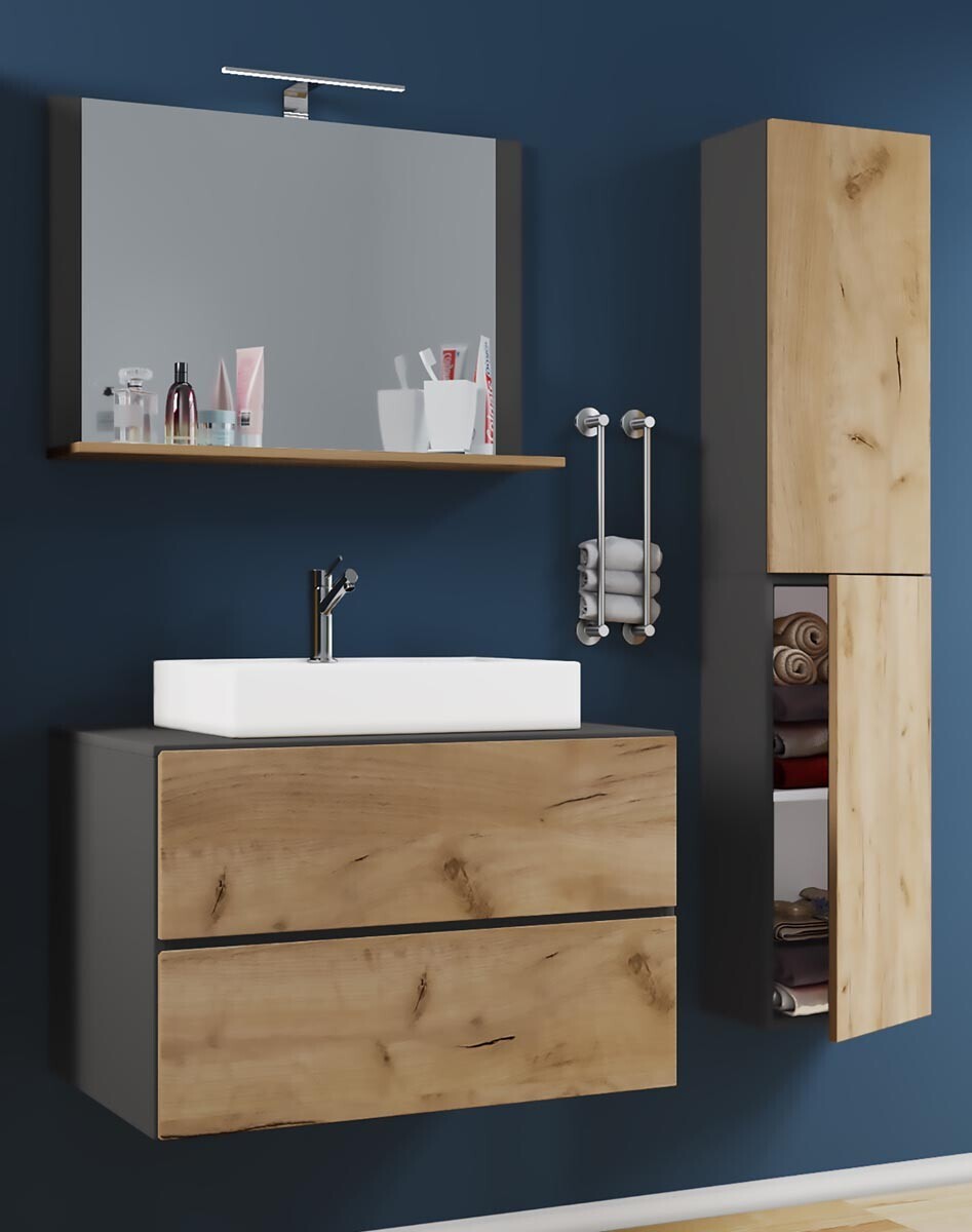 4dílná umyvadlová skříňka Lendas M 80 cm se zrcadlem a vysokou skříňkou, antracitová