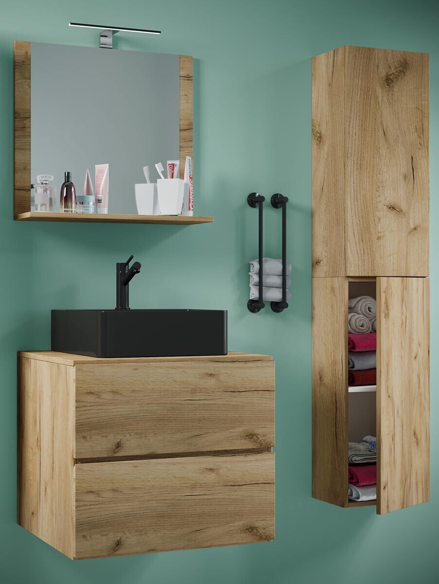 4dílná umyvadlová skříňka Lendas BL L se zrcadlem 60 cm + vysoká skříňka, dub medový