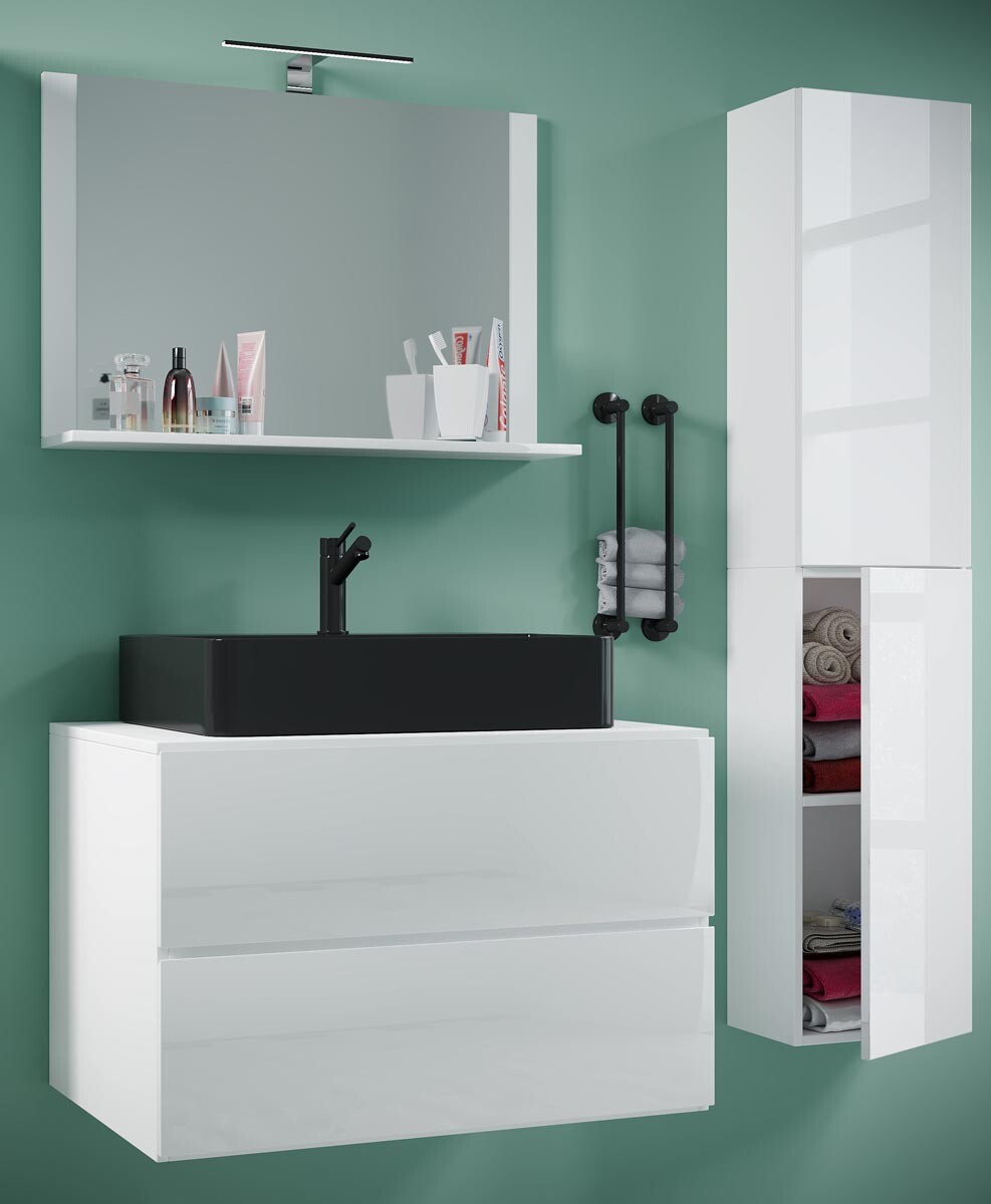 4dílná umyvadlová skříňka Lendas BL L se zrcadlem 80 cm + vysoká skříňka, bílá