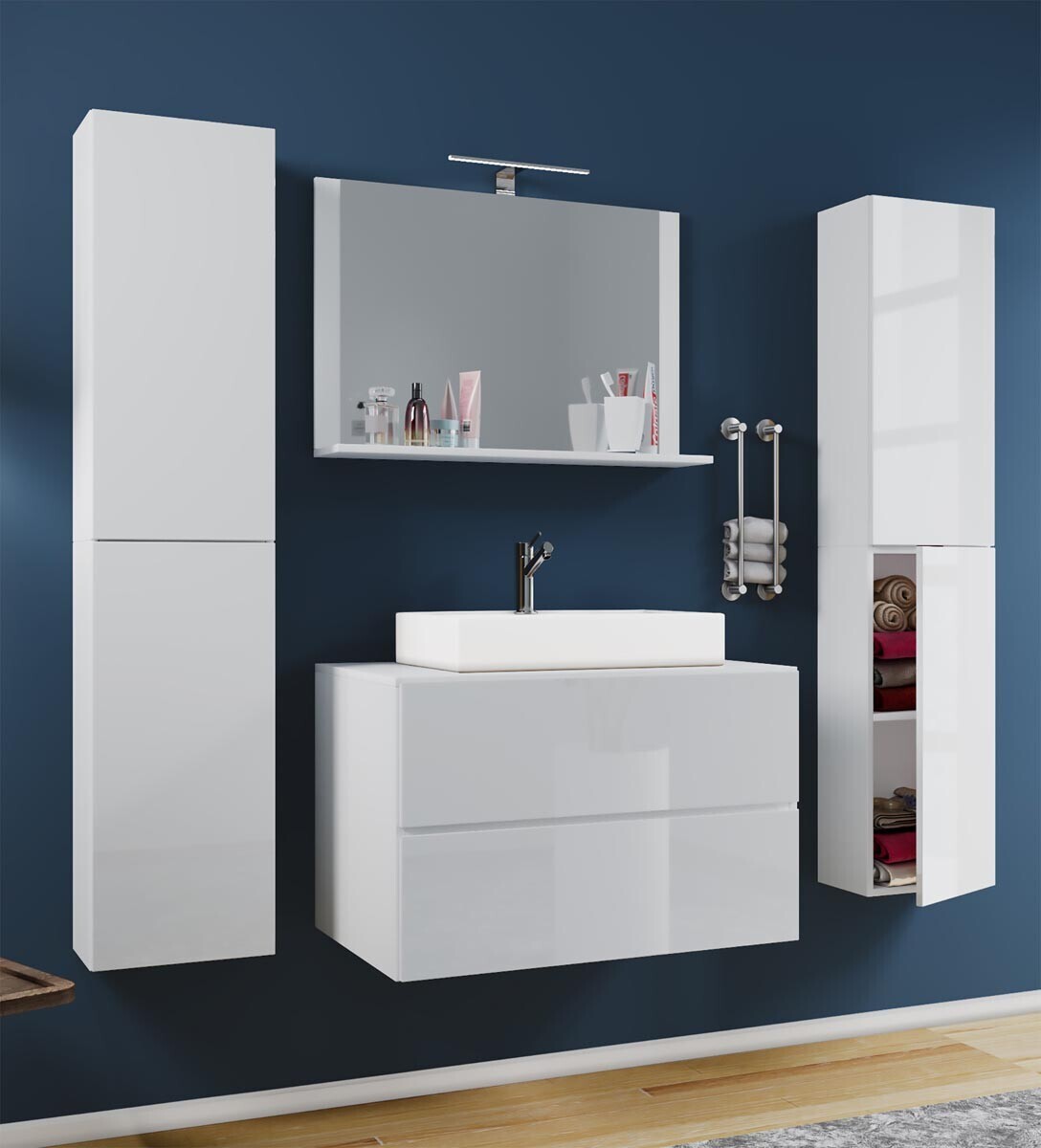 5dílná umyvadlová skříňka Lendas XL 60 cm se zrcadlem a 2 vysokými skříňkami, bílá