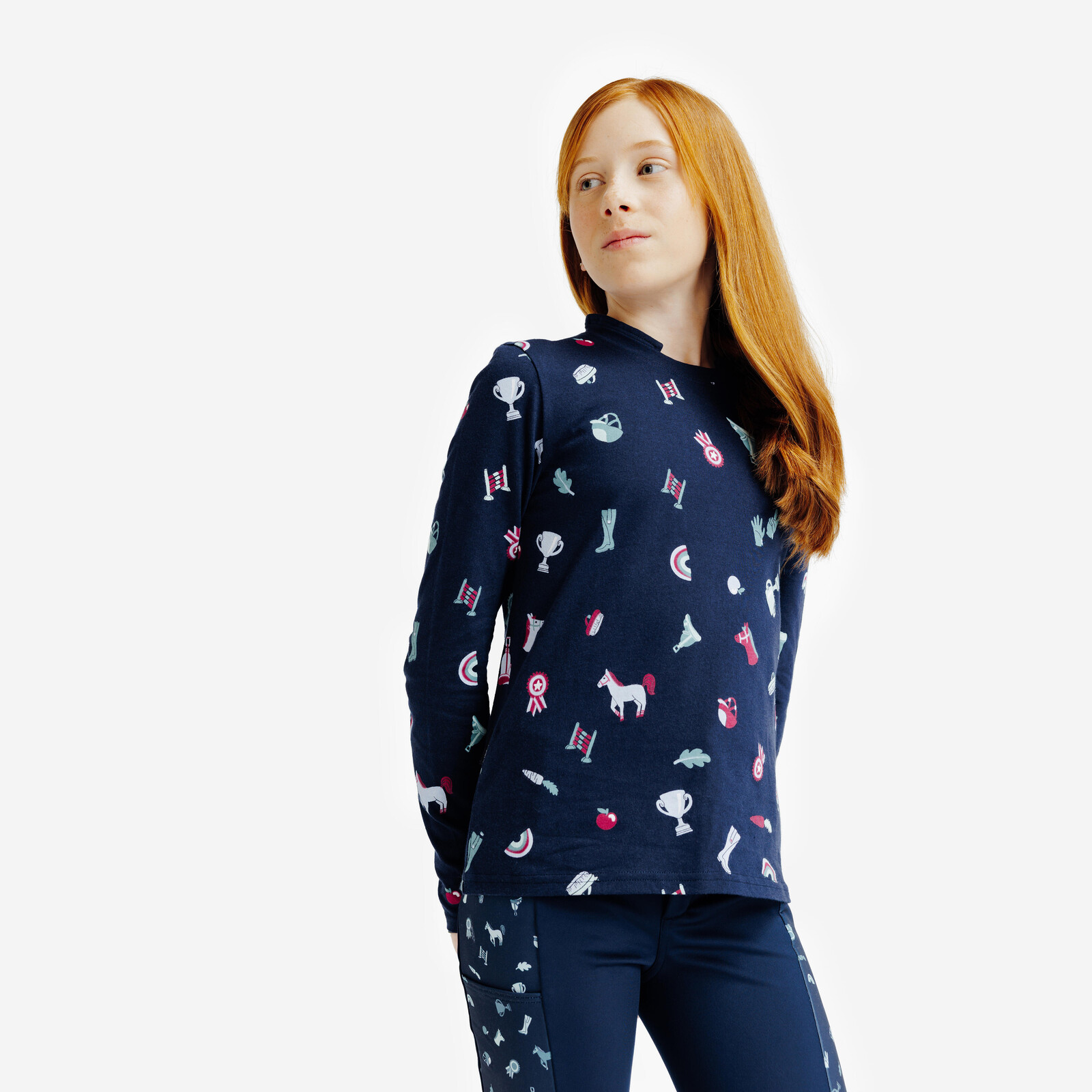 Detská jazdecká polokošeľa Magic s dlhými rukávmi s potlačou modrá