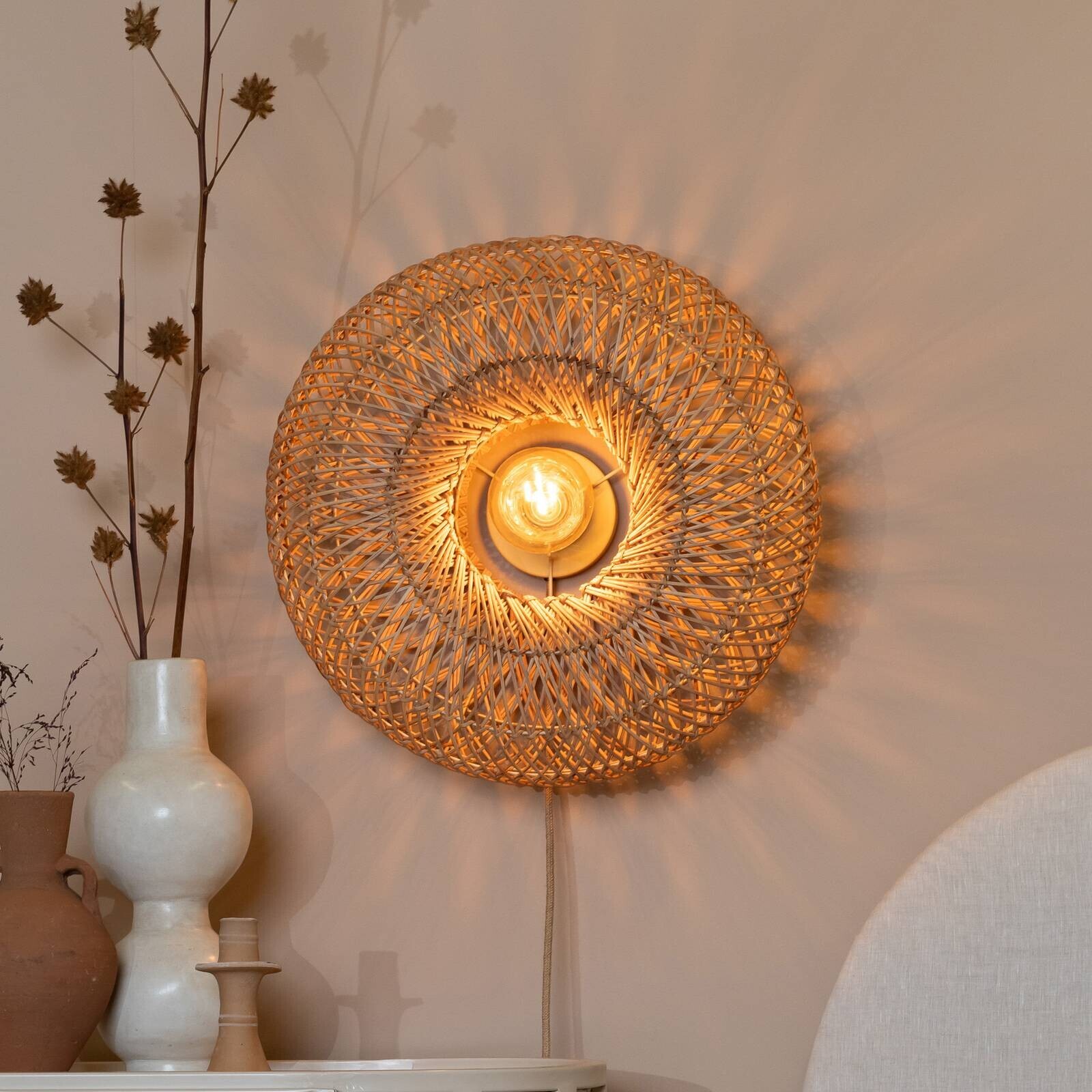 GOOD & MOJO nástenné svetlo Arizona, prírodné, Ø 50 cm bambusová zástrčka