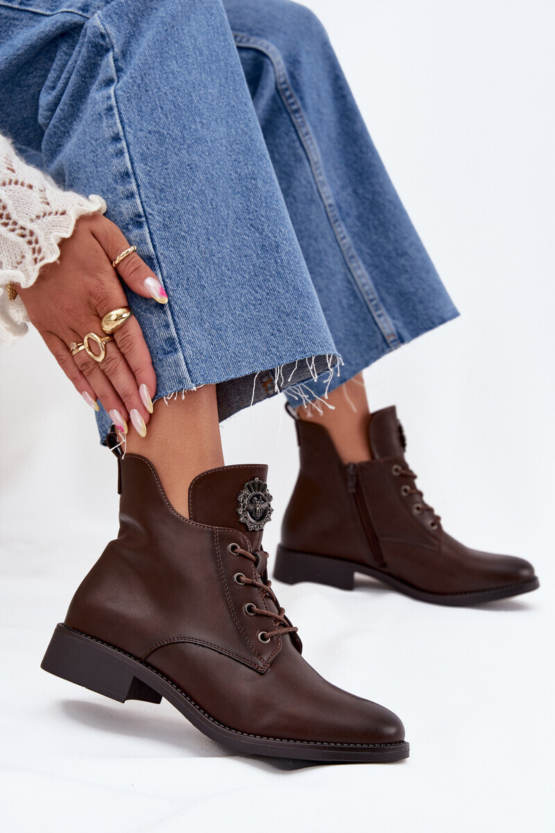 Boto Nízke Dámske Čižmy Na Plochom Opätku S Dekoratívnym Detailom Zateplené Hnedé Cylira