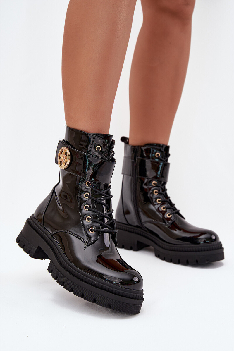 Boto Lakovane pracovné čižmy dámske so zlatým detailom zateplené čierne Fiorena