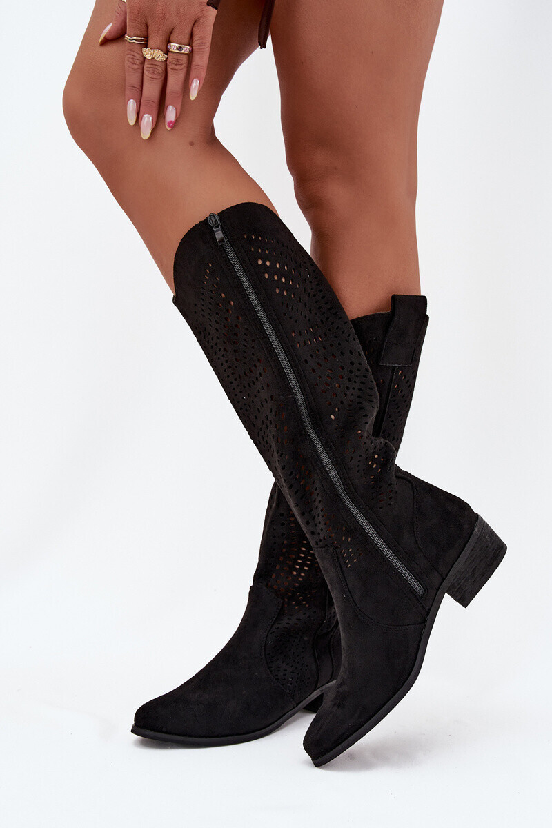 Boto Okenné dámske čižmy nad koleno na blokovom podpätku čierne Fioris