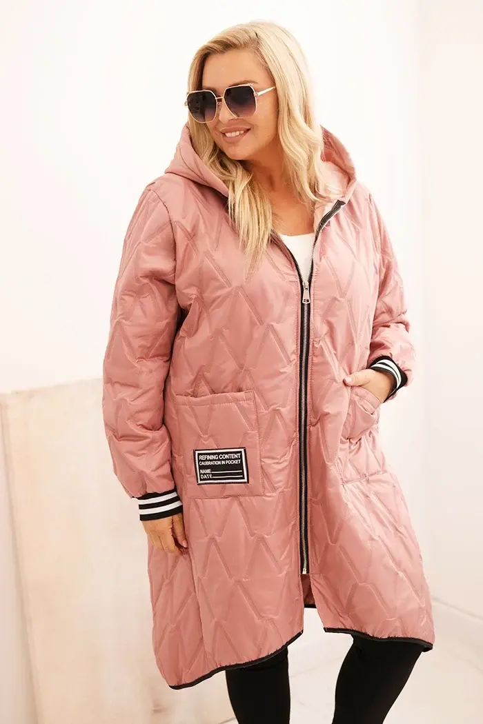 Kesi Włoski Dámska bunda Plus Size prešívaná s kapucňou a športovými manžetami tmavý pudrový ružový