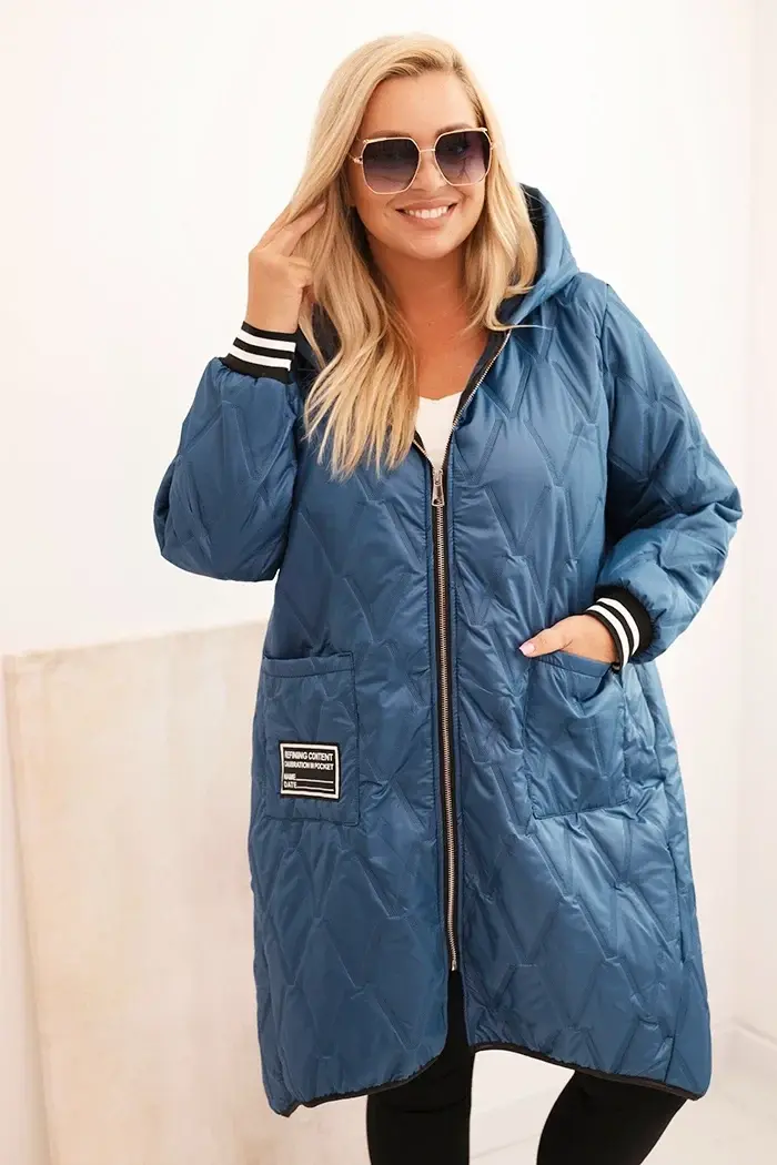 Kesi Włoski Dámska bunda Plus Size prešívaná s kapucňou a športovými manžetami denimová