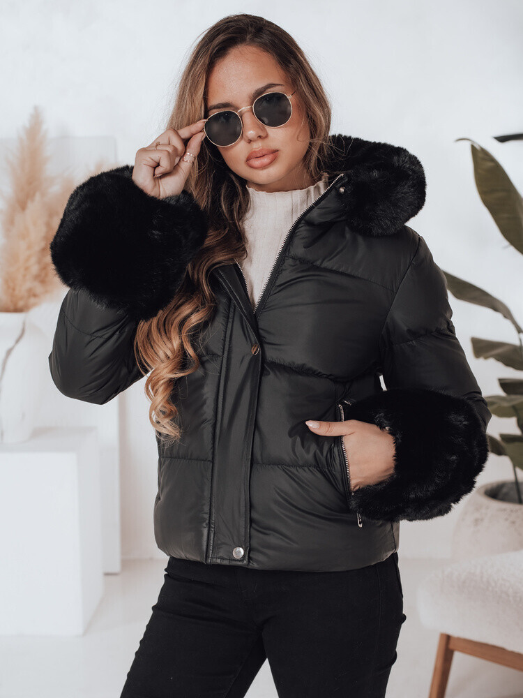 Kurtka damska zimowa YOUWARM krótka pikowana z futerkiem czarna Dstreet