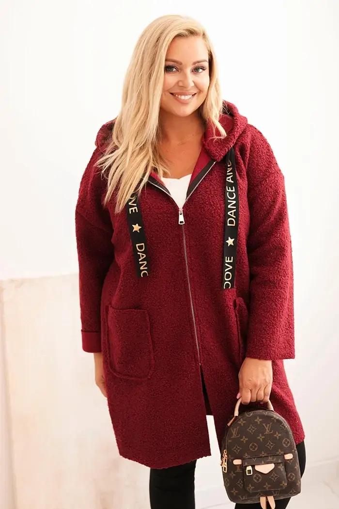 Kesi Włoski Dámsky kabát Plus Size z umelého baránka s kapucňou a vreckami bordový