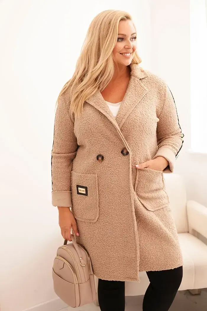 Kesi Włoski Dámsky kabát Plus Size z umelého baránka s vreckami tmavohnedý