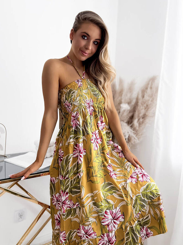 Resti Yellow women's midi dress with floral pattern - Clothing