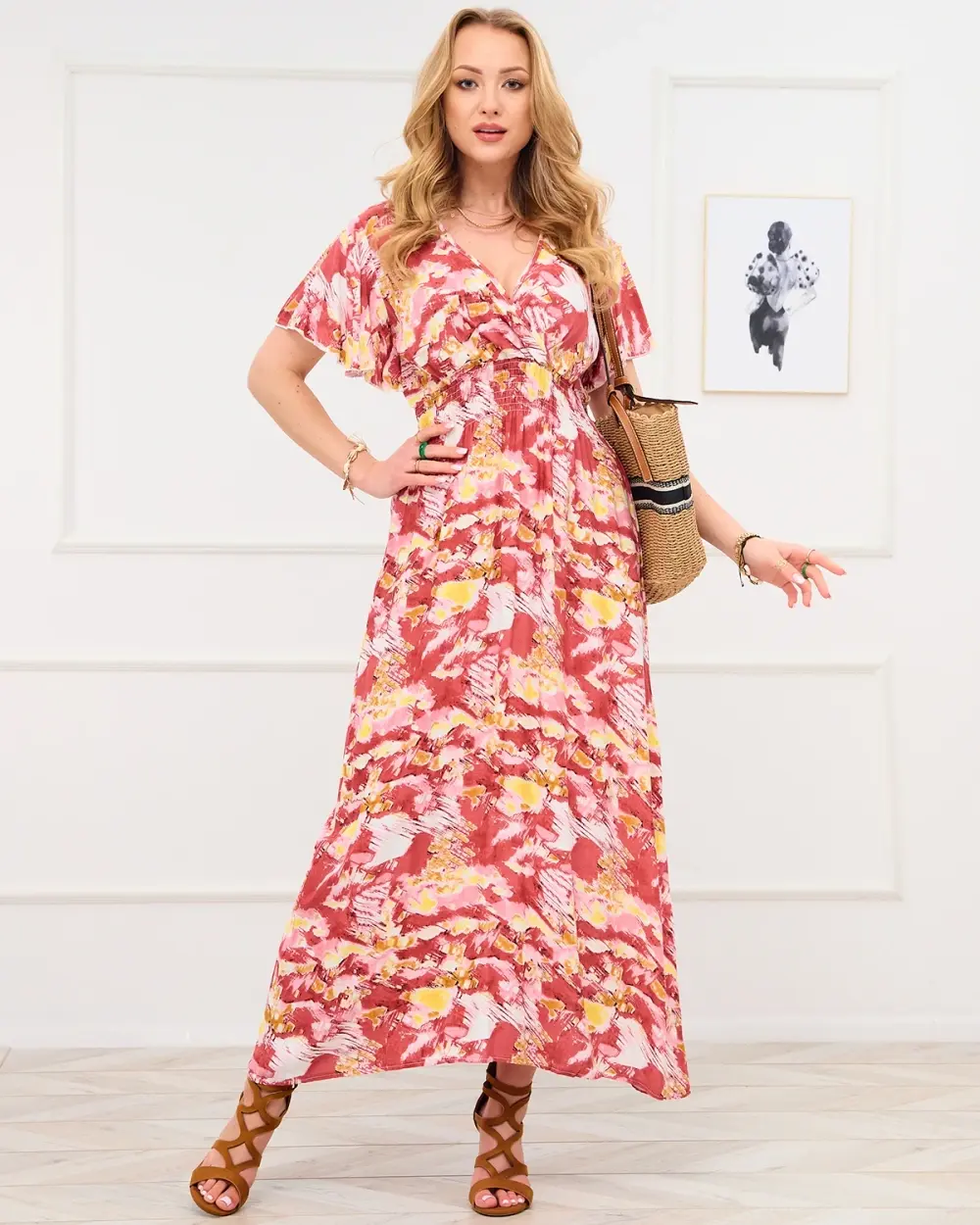 Resti Red women's long dress with fashionable pattern - Clothing