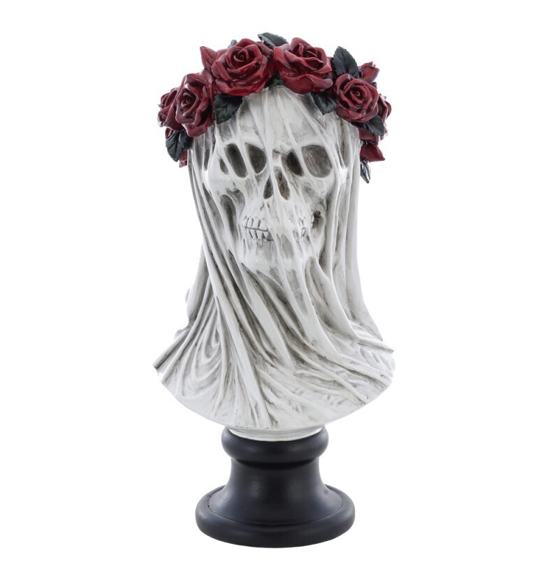 Chaks Dekoratívna busta lebky so závojom a červenými ružami 35,5 cm