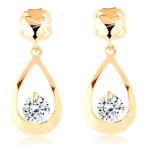 Náušnice zo žltého 14K zlata - malé srdiečko, obrys kvapky s čírym zirkónom
