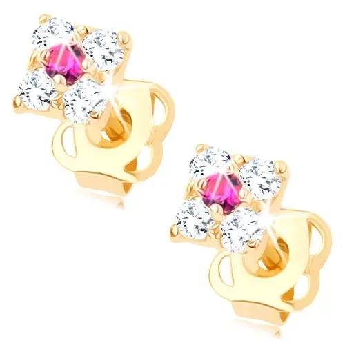 Náušnice v žltom 14K zlate - trblietavý štvorček s ružovým stredom, puzetky