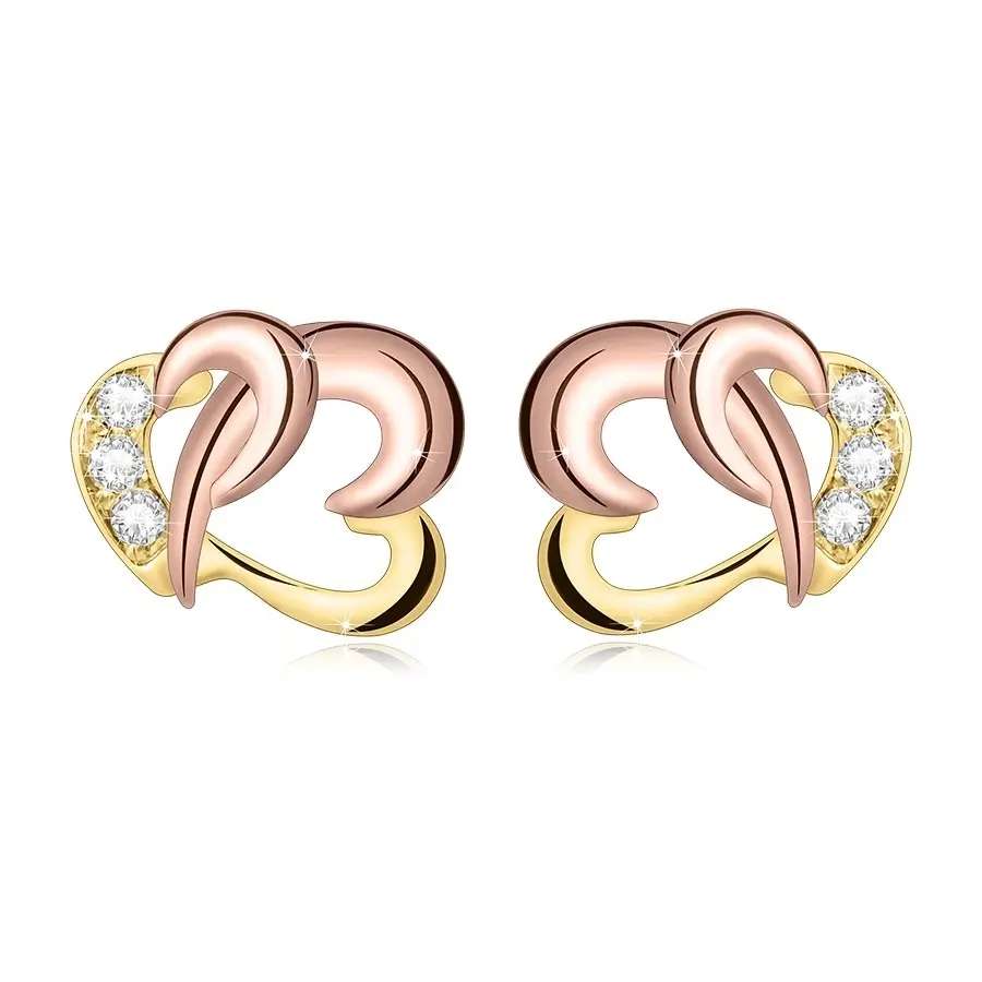 Náušnice v kombinovanom zlate 585 - prepojené kontúry sŕdc, číre zirkóny, puzetky