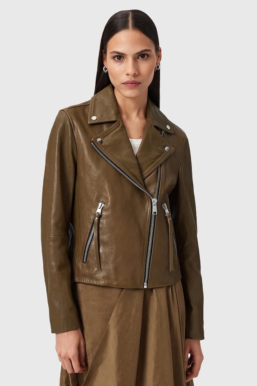 Kožená bunda AllSaints DALBY BIKER bordová farba, W099LB