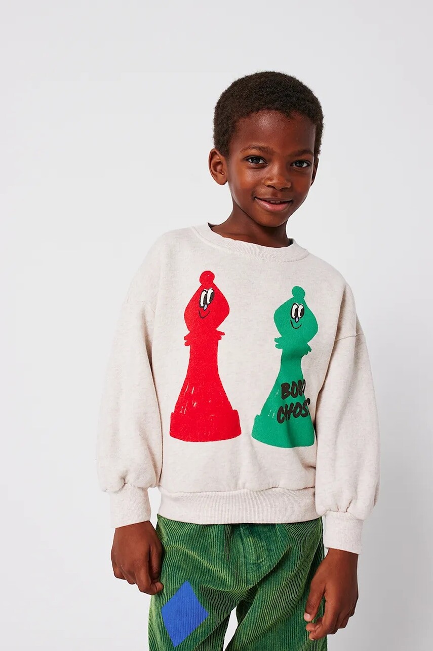 Detská bavlnená mikina Bobo Choses Checkmate béžová farba, s potlačou, 225AC032