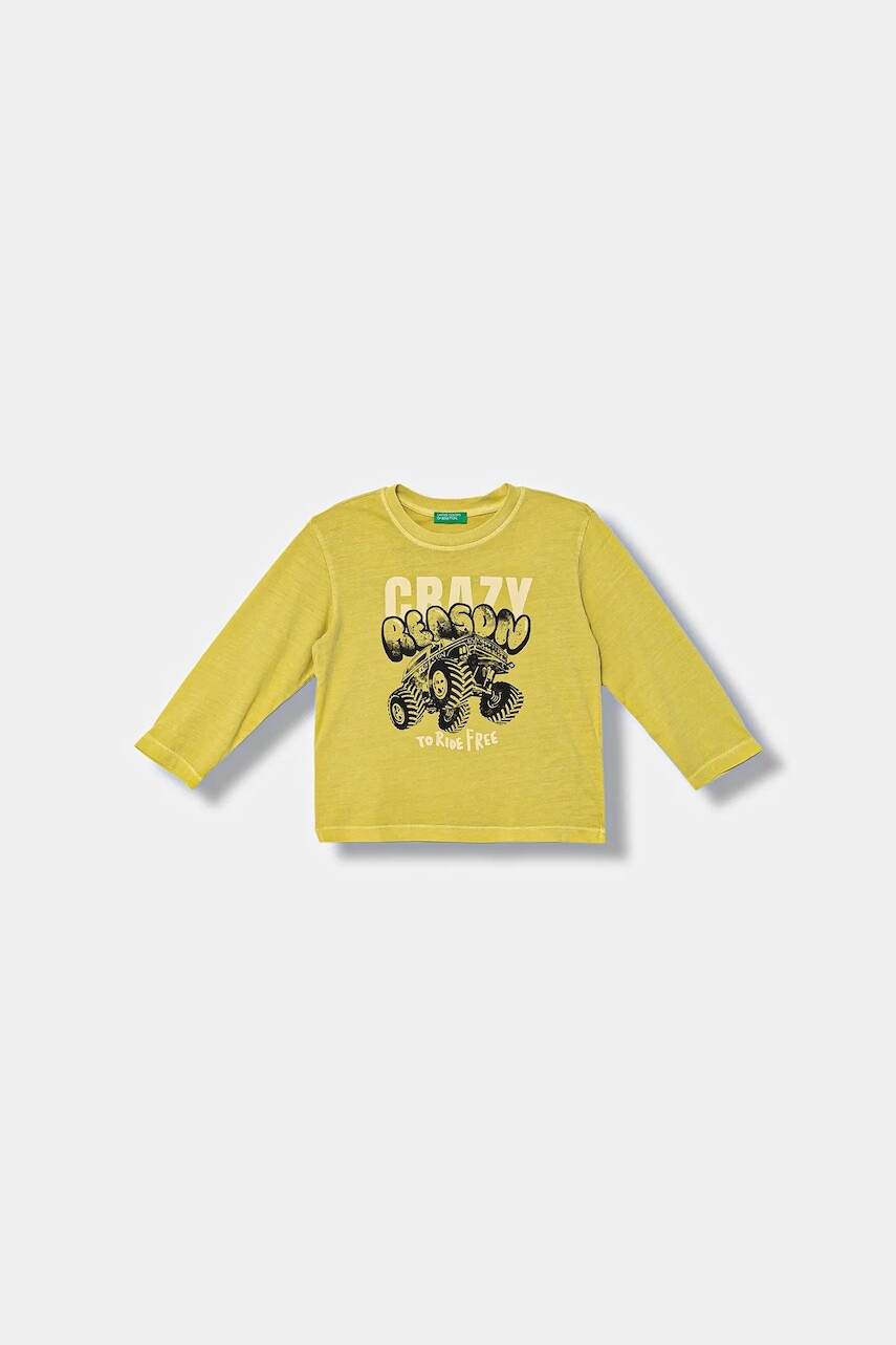 Detská bavlnená košeľa s dlhým rukávom United Colors of Benetton zelená farba, s potlačou, 3PCMG10K6